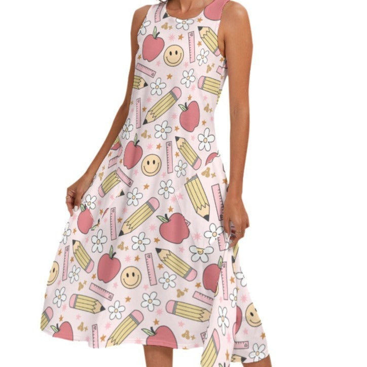 Pink Apples Pencils Mid-Length Sleeveless Pockets Dress