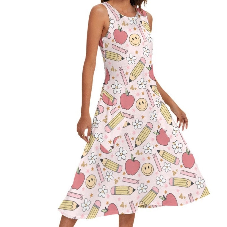 Pink Apples Pencils Mid-Length Sleeveless Pockets Dress