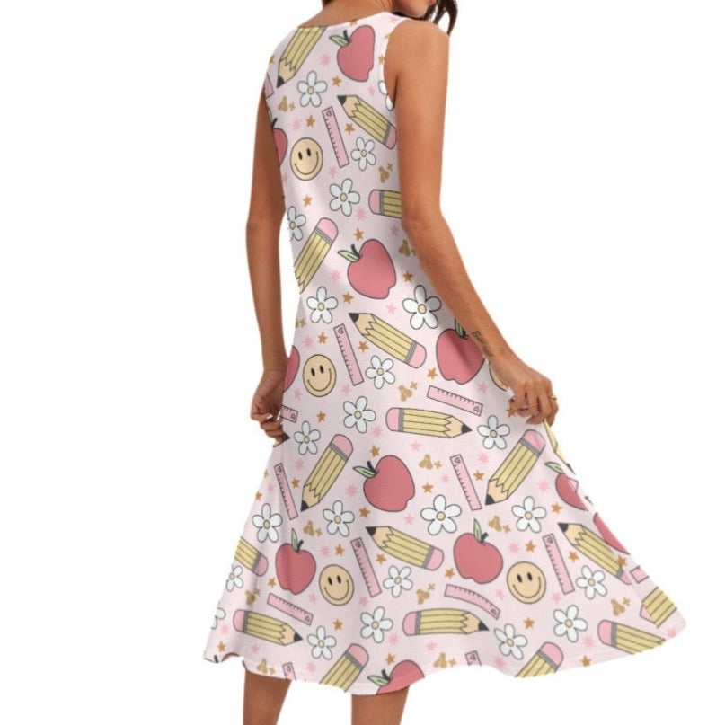 Pink Apples Pencils Mid-Length Sleeveless Pockets Dress